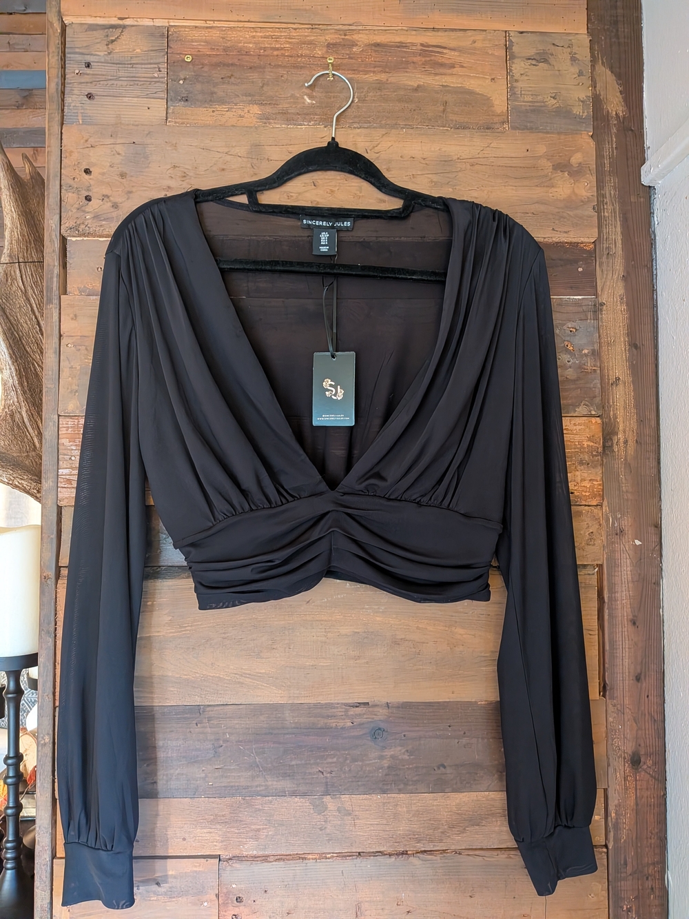 Sincerly Jules Black V-Neck Mesh Long-Sleeve Crop Top